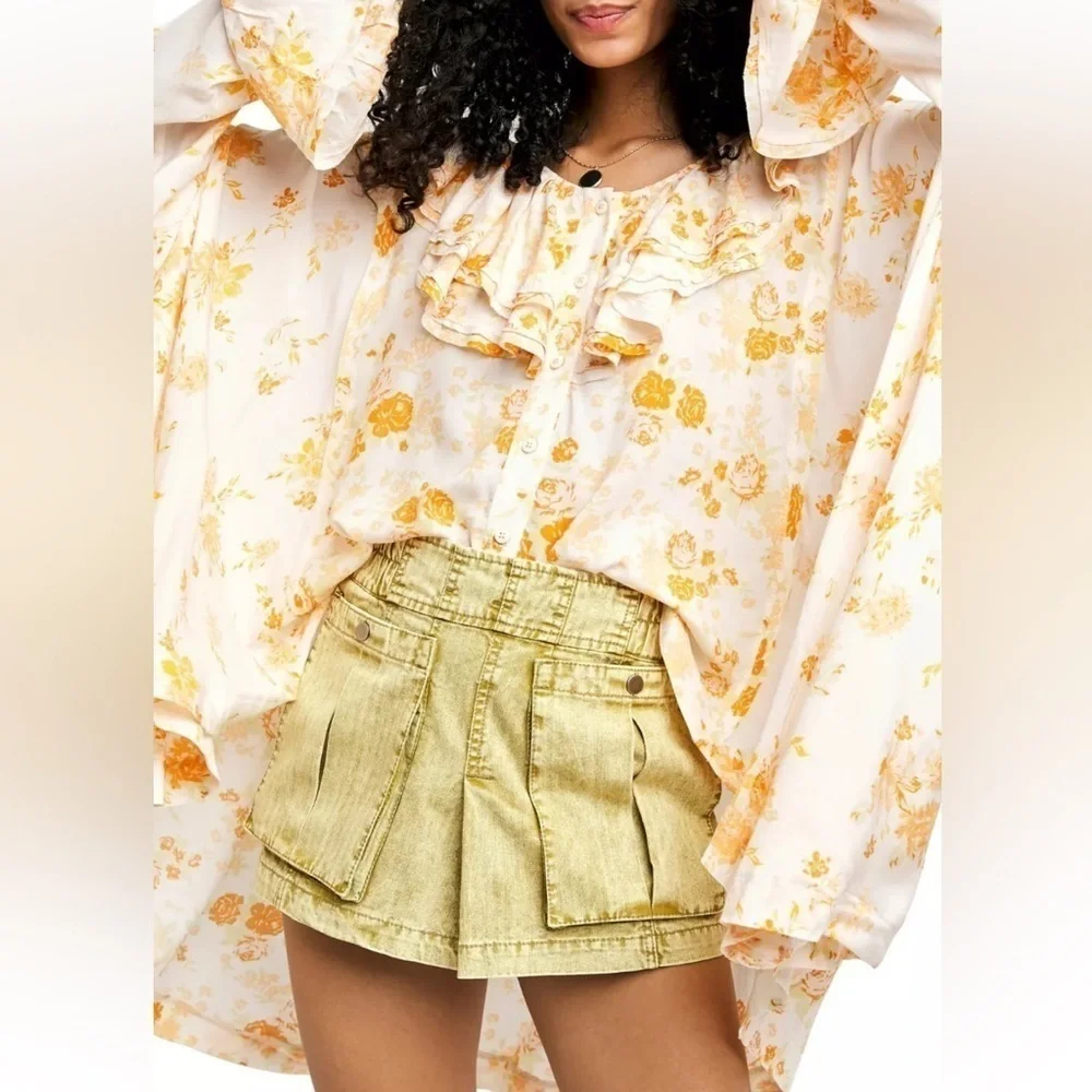 Free People Loretta Tunic Top Tea Combo Cream Yellow Floral Print Ruffle Boho